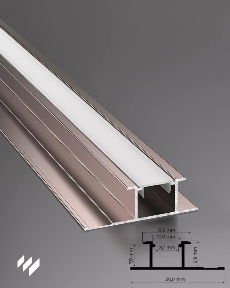Perfil para tira LED de aluminio en acabado oro rosa brillante con render 3D y esquema técnico de dimensiones, fotografía de revestimientos pared.