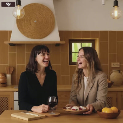 Dos mujeres conversando y riendo en una cocina de madera con ambiente cálido, compartiendo comida y vino, mostrando un entorno acogedor con Revestimientos Pared.