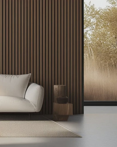 Un sereno salón moderno con pared de listones de madera y sofá en tonos neutros, donde la suave brisa otoñal mueve las plantas doradas del exterior, proyectando sombras y luces cambiantes en el interior, creando una atmósfera cálida y tranquila.