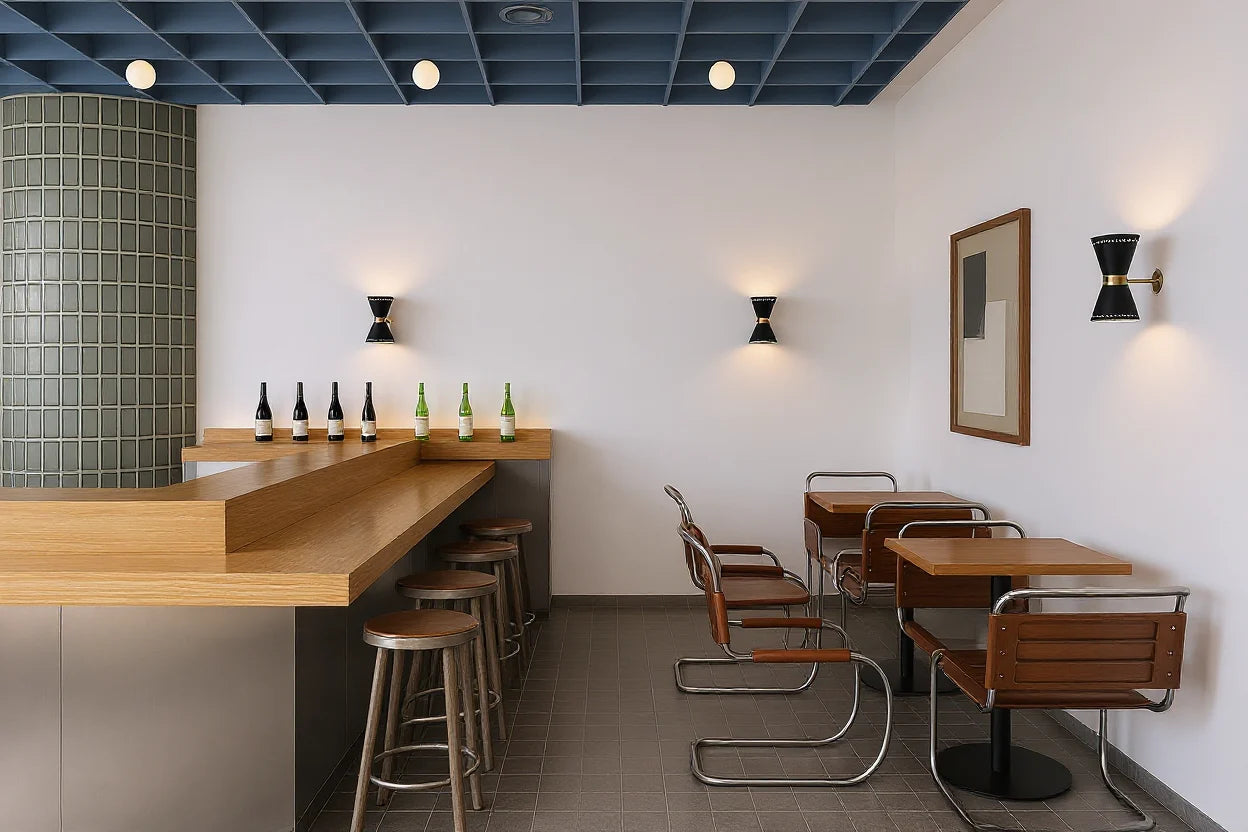 Interior de un restaurante japonés moderno antes de la instalación del Panel Decorativo WPC. Ambiente luminoso, paredes blancas y mobiliario minimalista con detalles en madera clara. Para PC