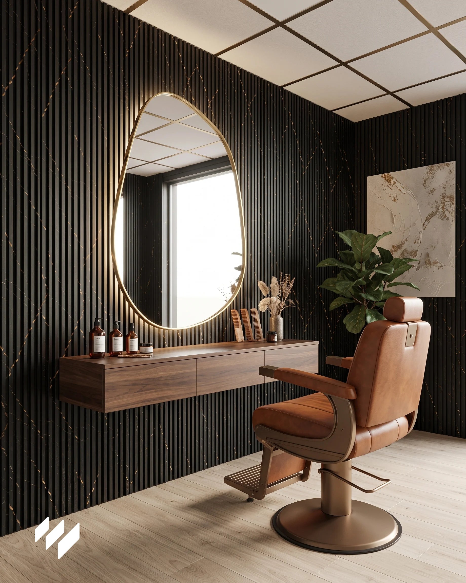 Pared revestida con listones WPC Mármol Portoro Oro en una peluquería moderna en Valencia, con espejo ovalado dorado, tocador suspendido de madera, sillón de cuero y decoración vegetal.