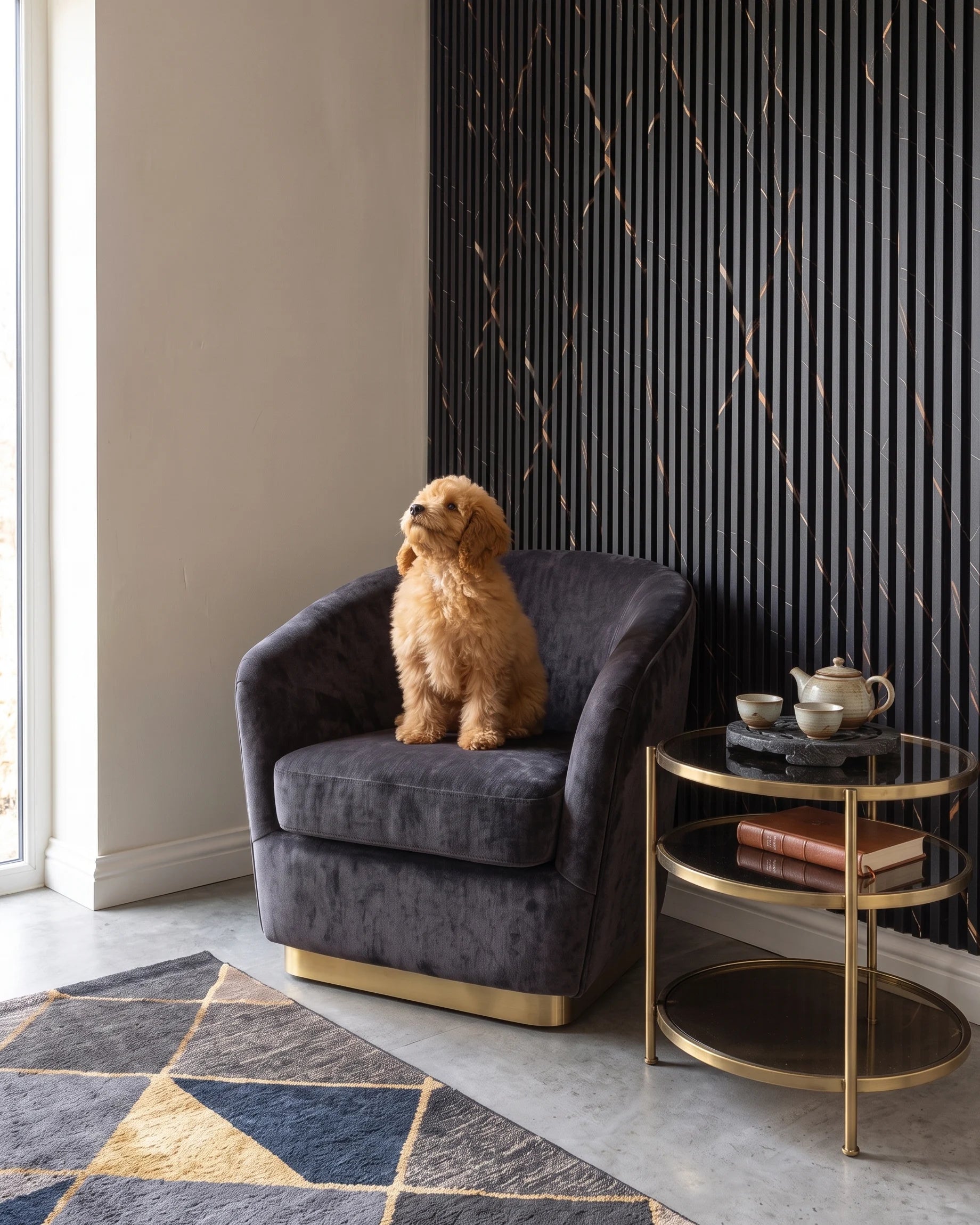 Pared decorativa con listones WPC Mármol Portoro Oro en un rincón de lectura elegante en Sevilla, con butaca azul oscuro, mesa auxiliar dorada, alfombra geométrica y un perro sobre el sillón.