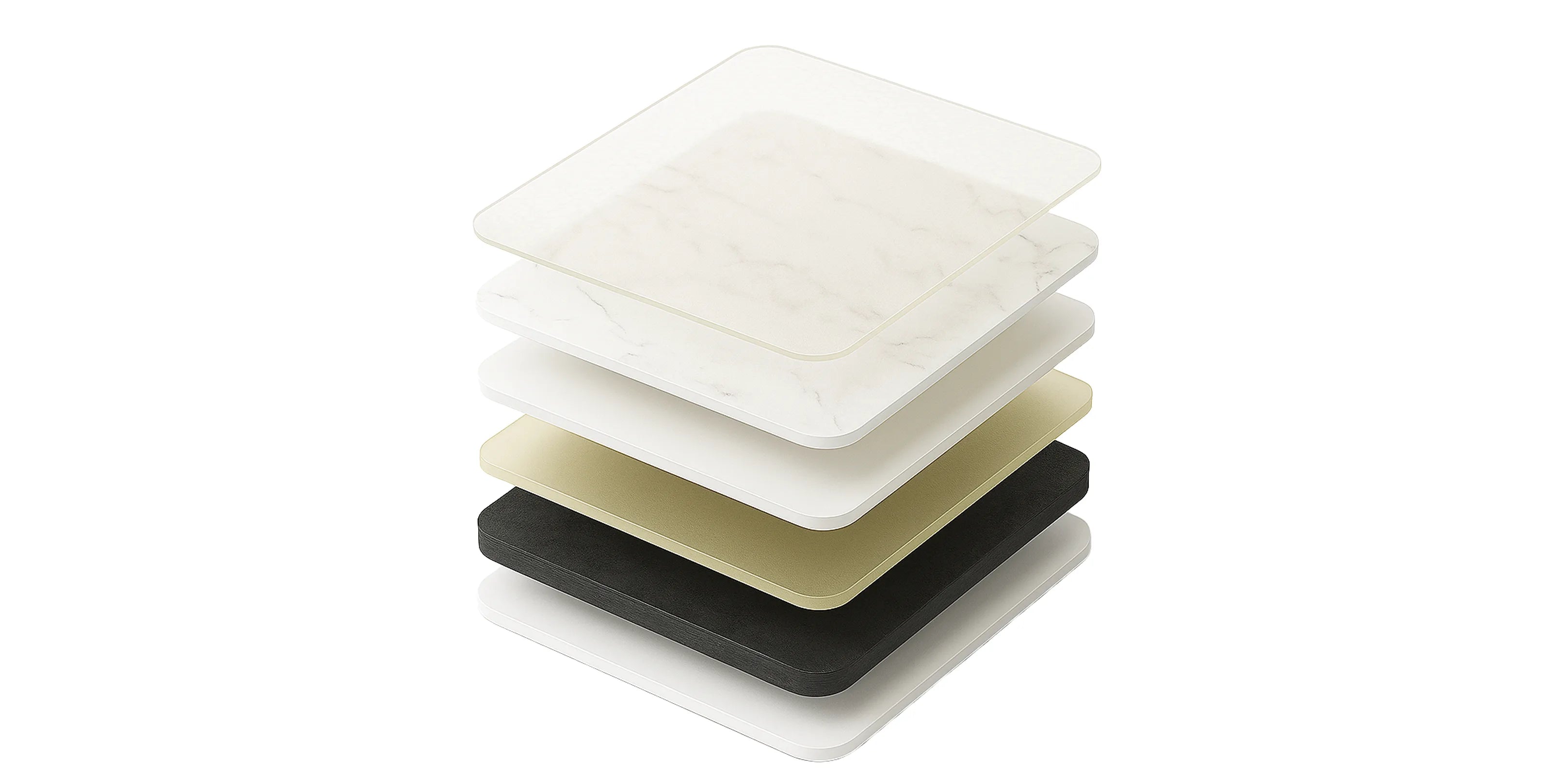 Vista en perspectiva en 3D de un panel revestimiento WPC efecto Mármol para PC, mostrando seis capas flotantes separadas: capa superior transparente con patrón hexagonal, capa decorativa de PET con textura de Mármol Calacatta, capa de refuerzo blanca, adhesivo PUR translúcido, sustrato negro coextruido con fibras de bambú y capa inferior impermeable blanca.