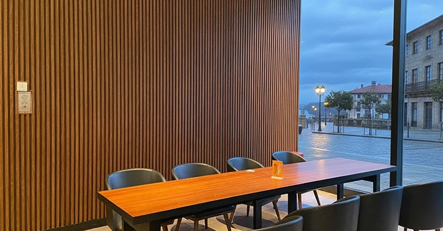 Restaurante en Algorta al atardecer con pared revestida con listones WPC Roble Miel, aportando calidez y textura natural al ambiente interior.