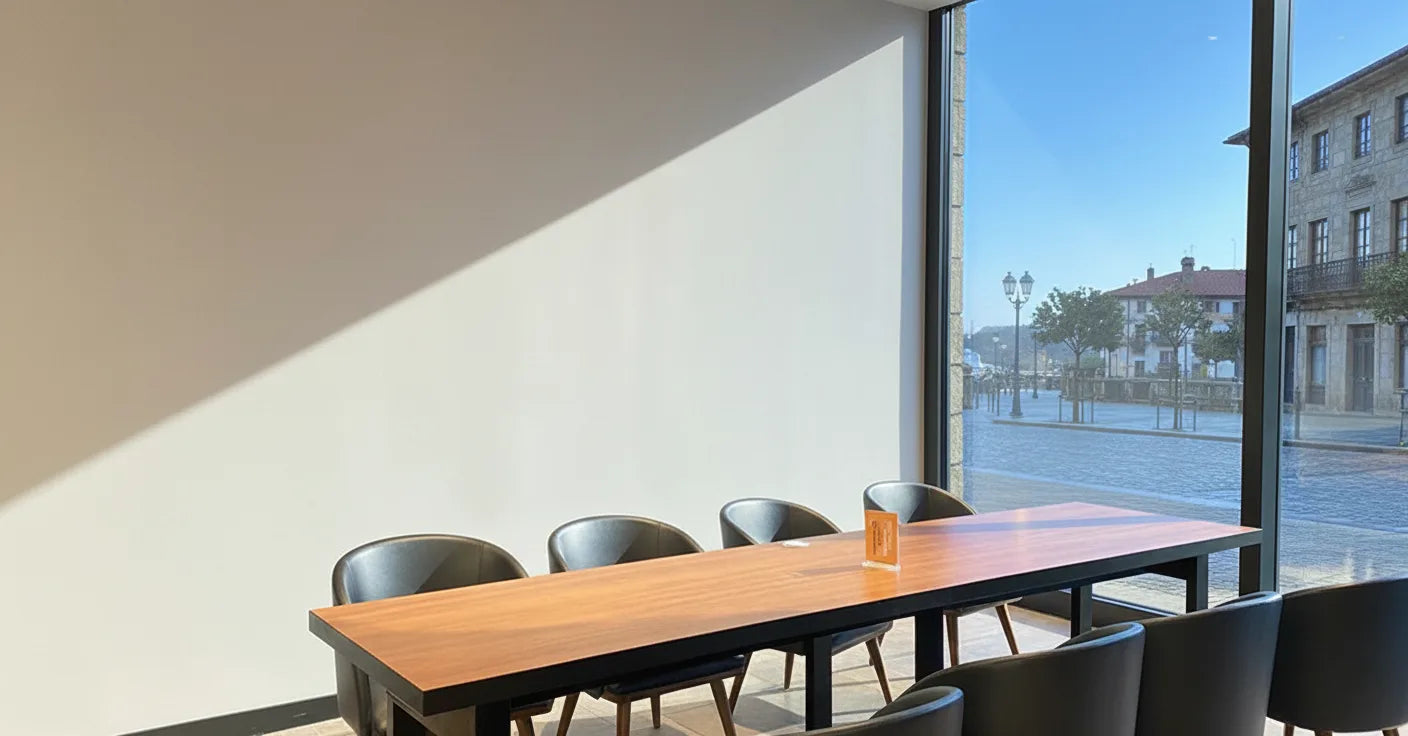 Interior de restaurante en Algorta con pared blanca lisa y luz natural de día antes de instalar el revestimiento de pared listones WPC Roble Miel.