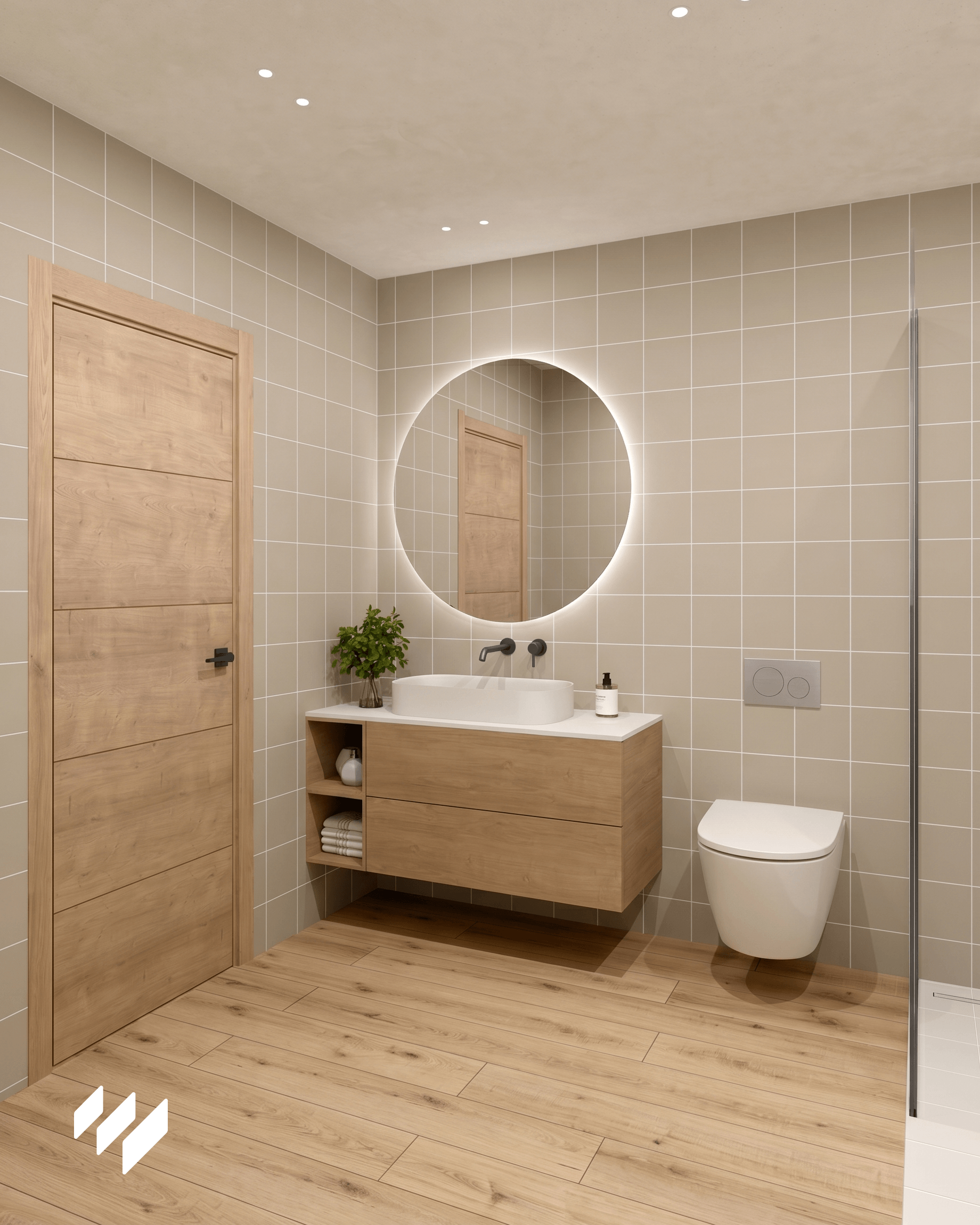 Diseño de baño moderno con revestimiento de pared SPC en acabado mate greige de revestimientos pared.