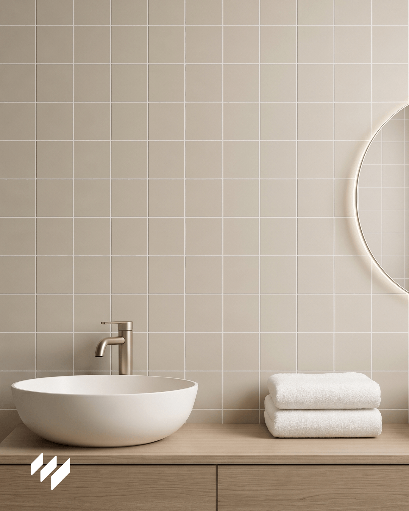 Revestimiento de pared SPC efecto azulejo greige mate instalado en lavabo de baño por revestimientos pared.