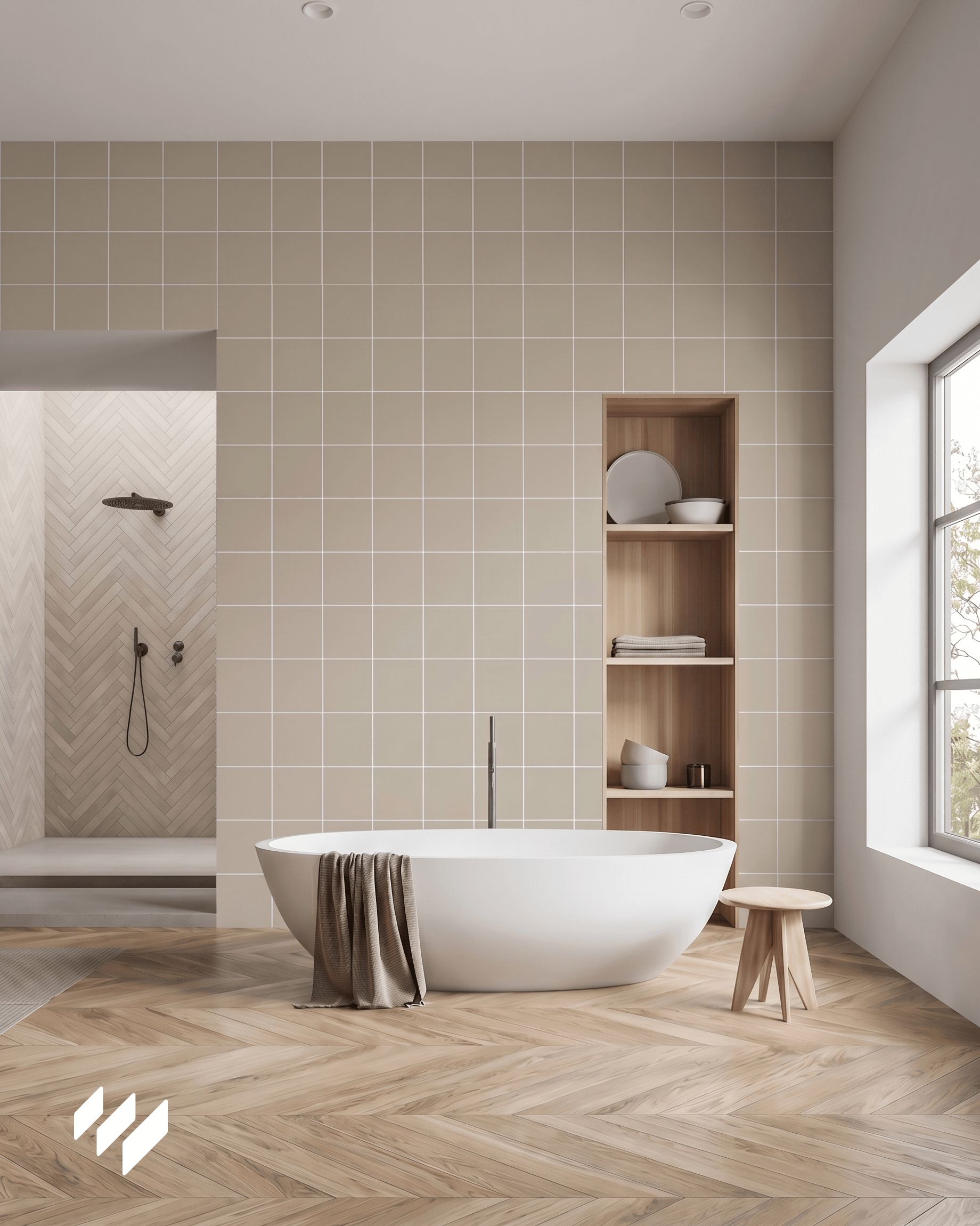 Decoración de baño con revestimiento de pared SPC estilo Japandi de revestimientos pared.