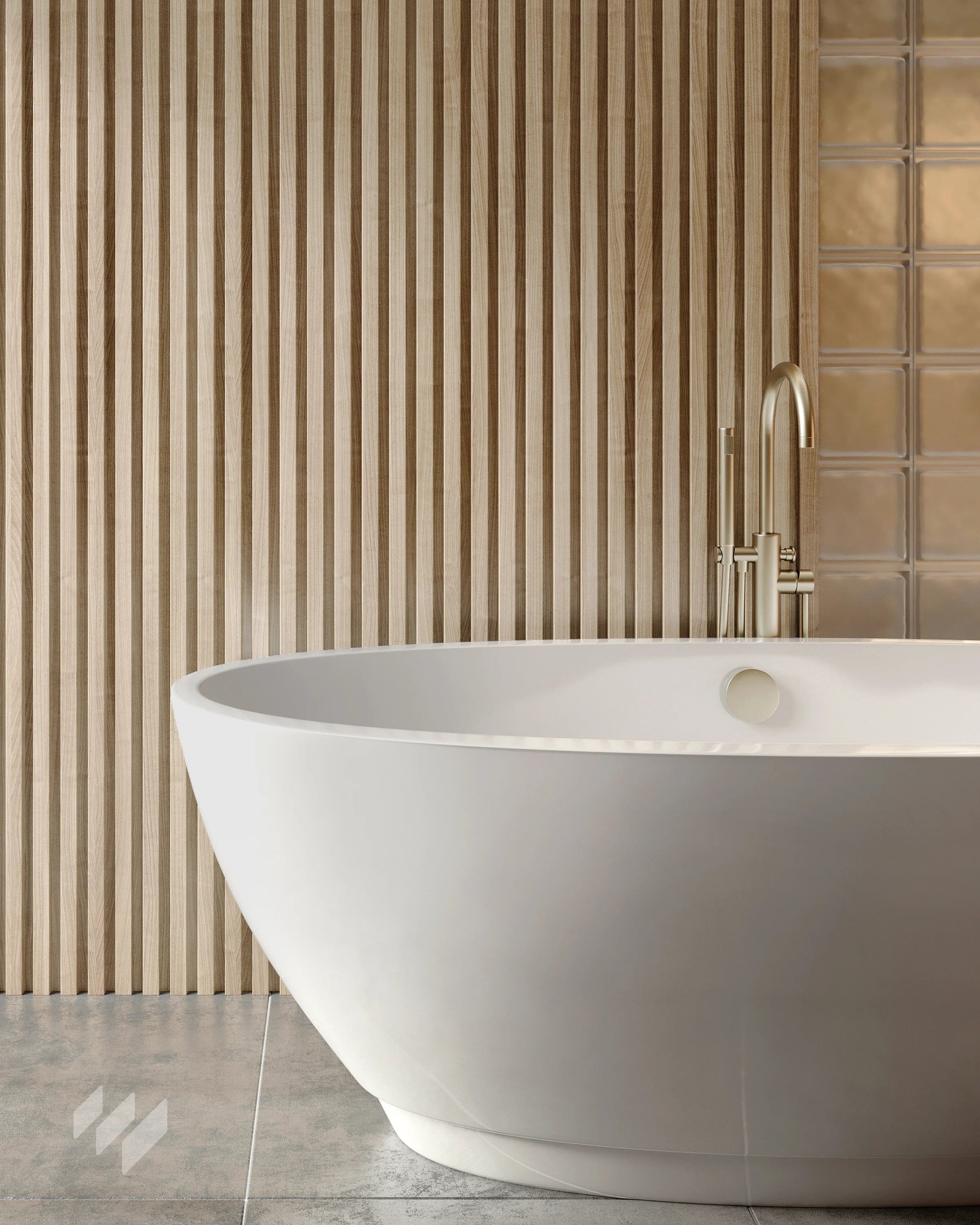 nspiración de baño con Panel Decorativo de Listones 3D WPC Roble Nórdico de Revestimientos Pared, en un diseño natural y minimalista, ofreciendo ideas para decoración y reforma de baños modernos. Baño en vivienda unifamiliar de L. V. Herrera, Madrid