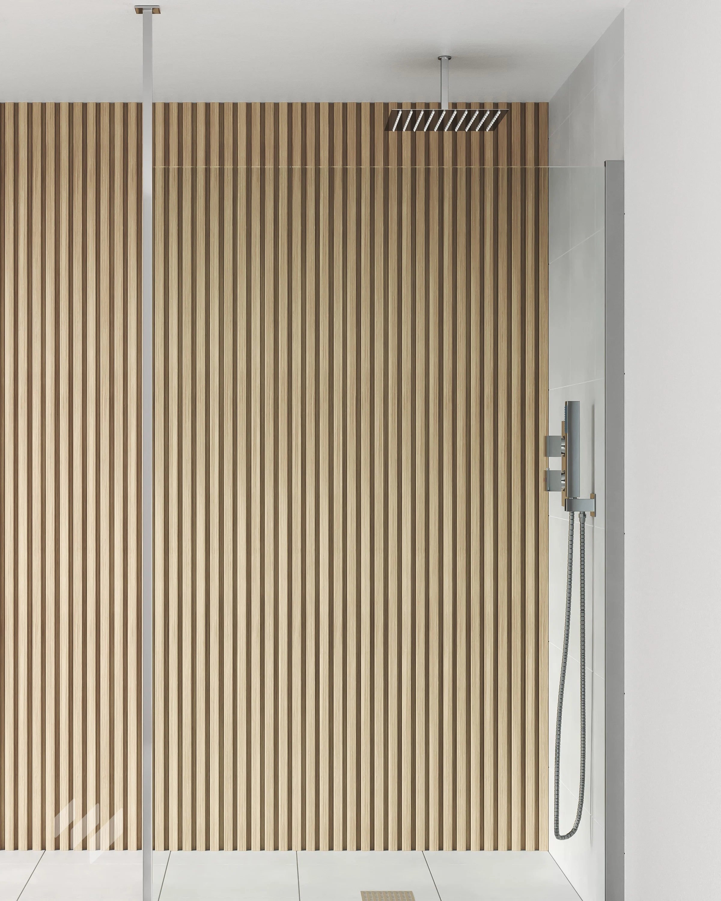 Inspiración de baño con Panel Decorativo de Listones 3D WPC Roble Nórdico de Revestimientos Pared, en un ambiente elegante y contemporáneo, ofreciendo ideas para reformas de baños con toques cálidos de madera.