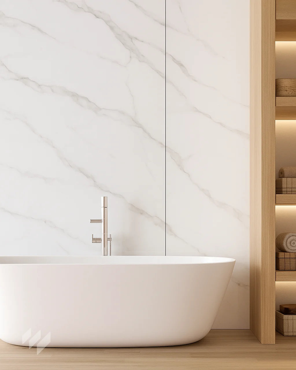 Inspirar baño con Panel WPC Alto Brillo efecto Mármol Calacatta Blanco de Revestimientos Pared, en un diseño luminoso y minimalista, ofreciendo ideas para baños elegantes y sofisticados.