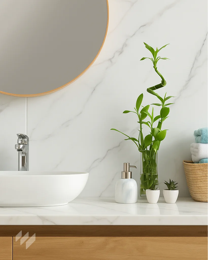 Mostrar detalle de baño con Panel WPC Alto Brillo efecto Mármol Calacatta Blanco de Revestimientos Pared, en un estilo fresco y natural, ofreciendo ideas para decoración de baños modernos con toques orgánicos.