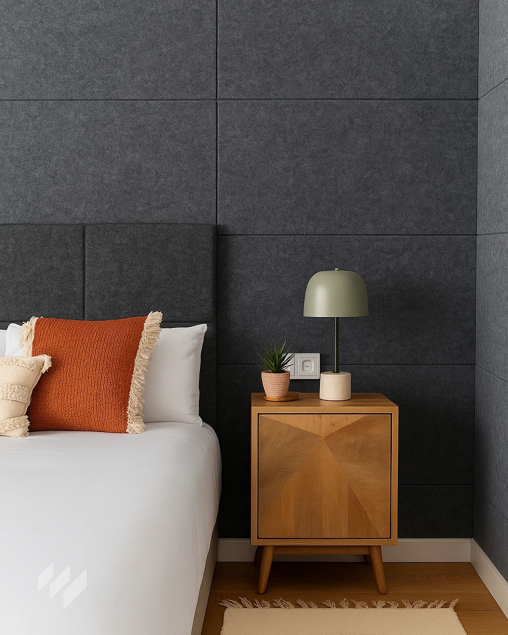 Inspiración de dormitorio con Panel Insonorización Autoadhesivo de Poliéster Gris de Revestimientos Pared, en un diseño moderno y acogedor, ofreciendo ideas para optimizar el confort acústico y la decoración de interiores.