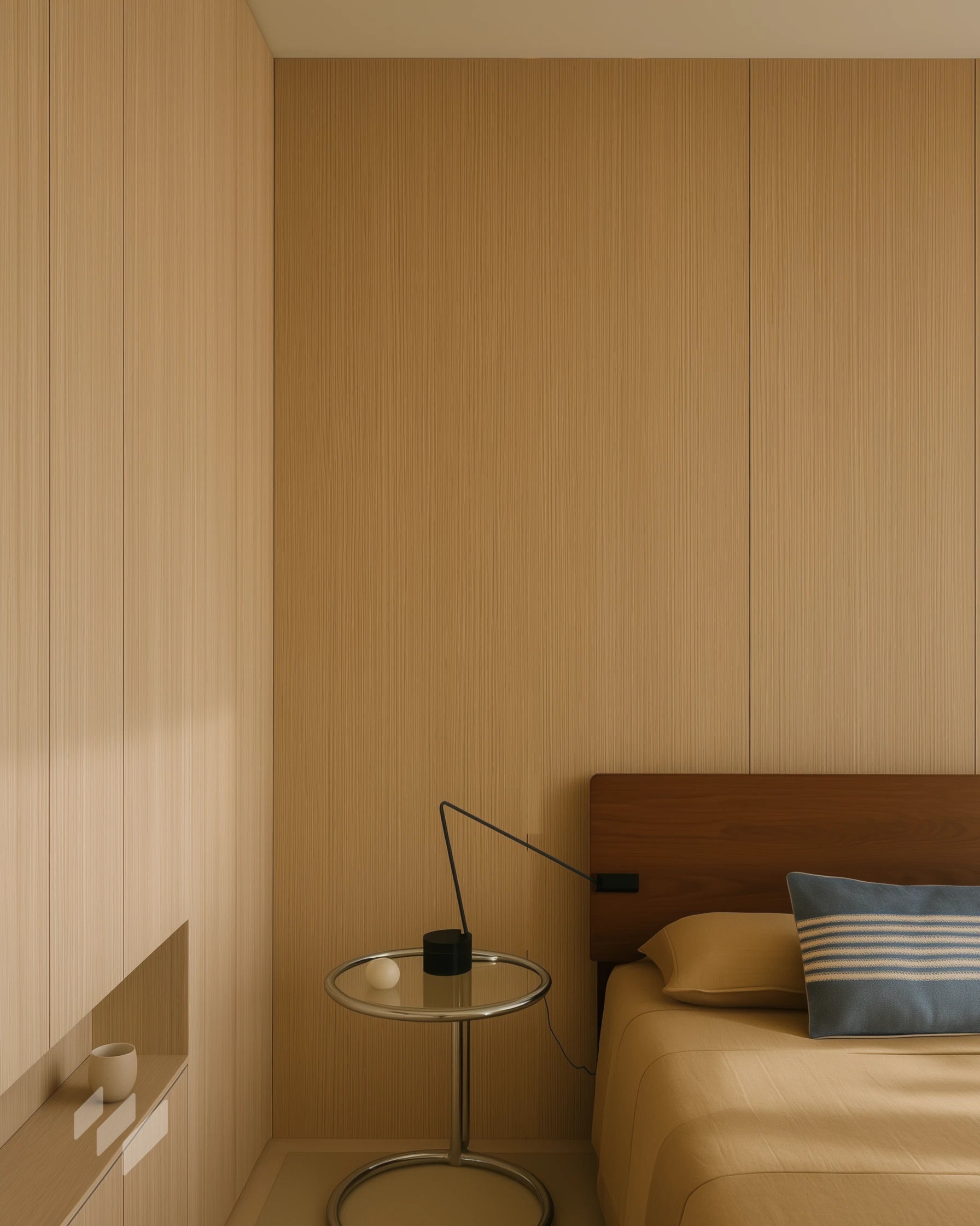 Inspiración de dormitorio con Revestimiento Panel WPC Efecto Madera Roble Natural de Revestimientos Pared, en un diseño cálido y minimalista, ofreciendo ideas para crear espacios acogedores y modernos. Dormitorio en apartamento contemporáneo de Natalia V., Zaragoza