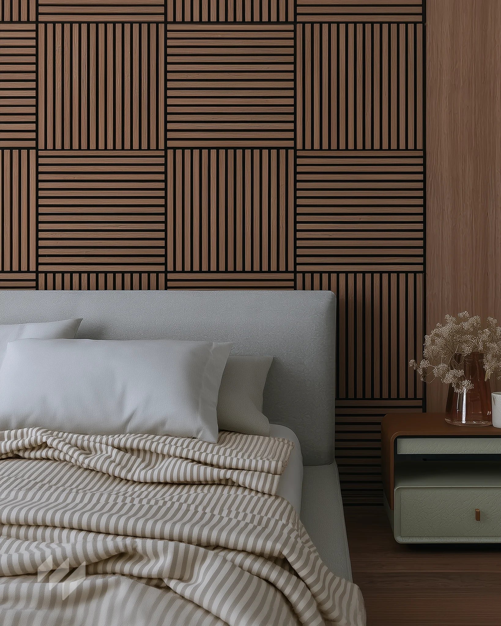 Inspiración de dormitorio con Revestimiento de Pared 3D Palillería Acústica Autoadhesiva 60x60 Roble Ahumado de Revestimientos Pared, en un diseño moderno y geométrico, ofreciendo ideas para decoración de interiores con estilo y funcionalidad acústica.