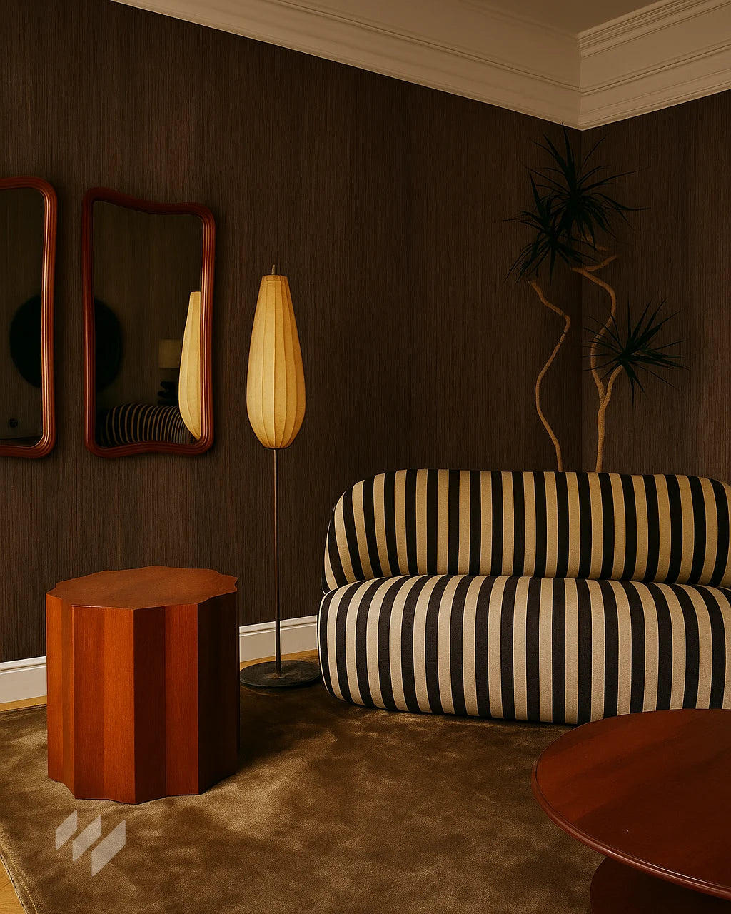 Mostrando un salón sofisticado con Panel Decorativo WPC Efecto Madera color Roble Nocturno de Revestimientos Pared, en un estilo contemporáneo y envolvente, ofreciendo ideas para diseño de interiores modernos.