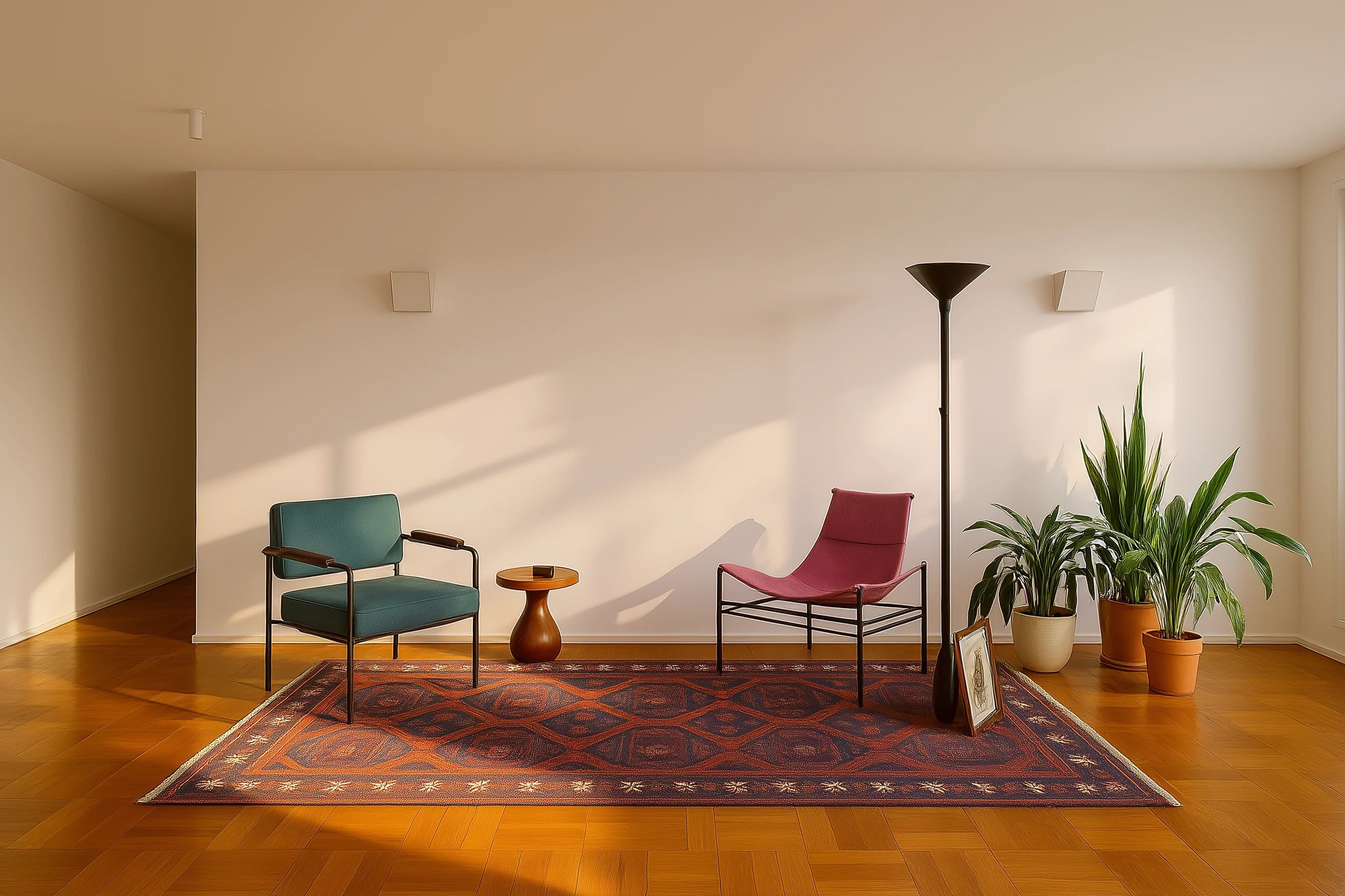 Salón de estilo contemporáneo con pared blanca y mobiliario minimalista antes de instalar los paneles WPC Roble Natural.