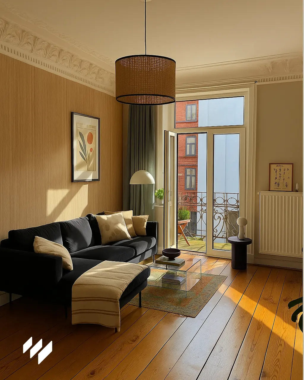 Panel WPC Roble Natural instalado en una sala de estar clásica con molduras decorativas, sofá negro y acceso a balcón exterior.