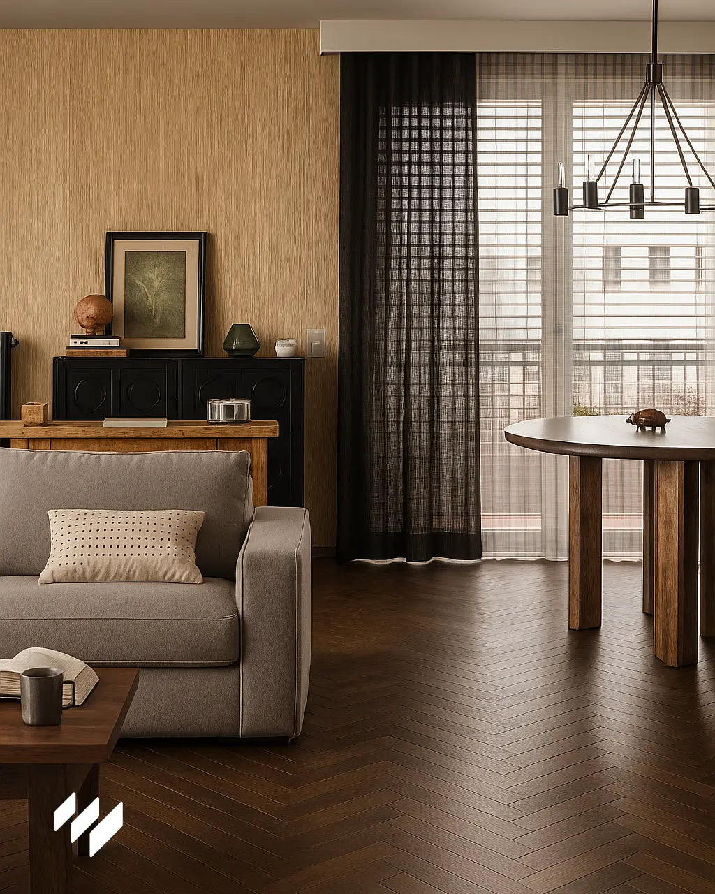 Revestimiento WPC color Roble Natural aplicado en un salón de estilo contemporáneo con sofá gris claro y muebles en madera oscura.