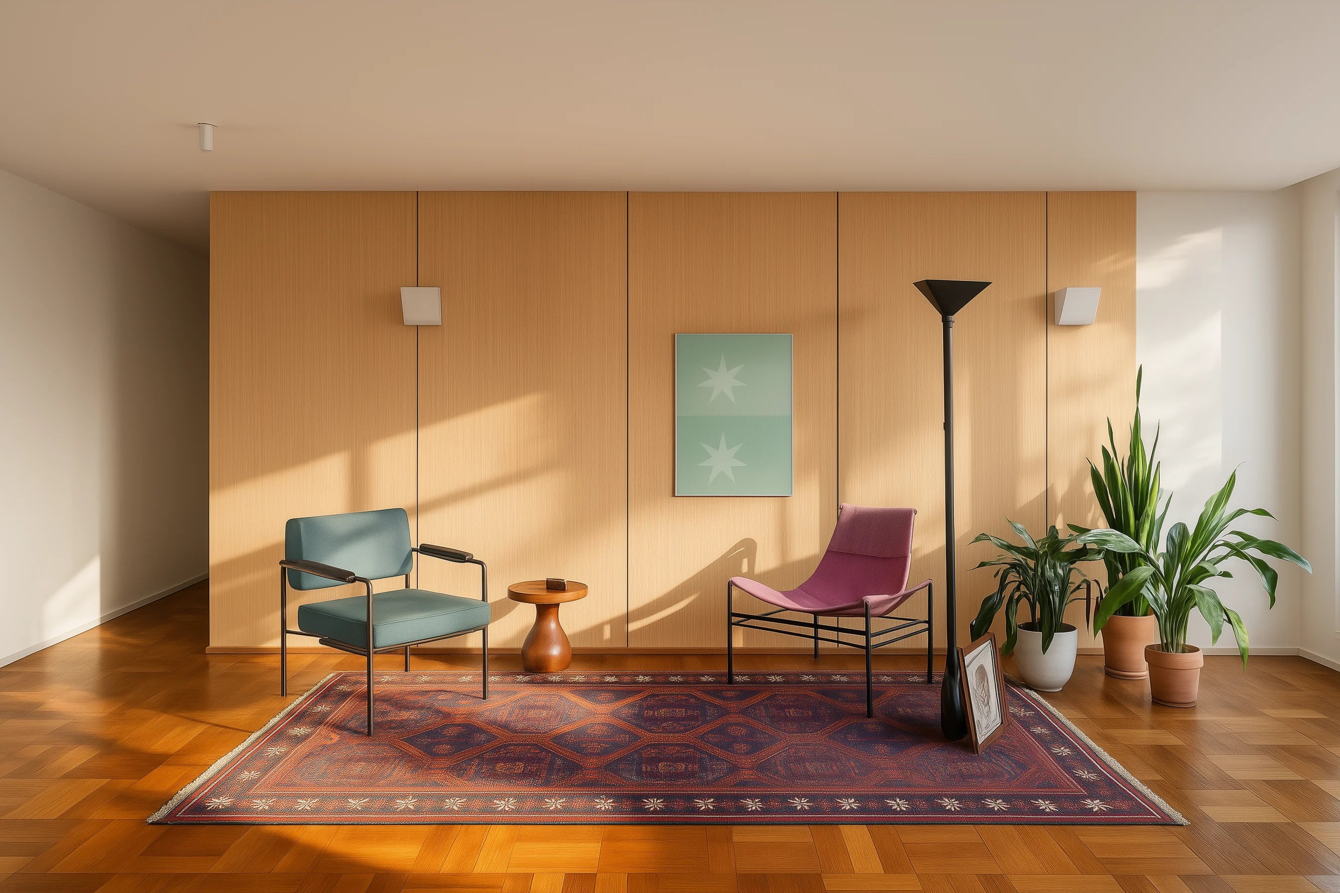 Salón transformado con pared revestida en paneles WPC Roble Natural, que aporta calidez y textura de madera al ambiente.