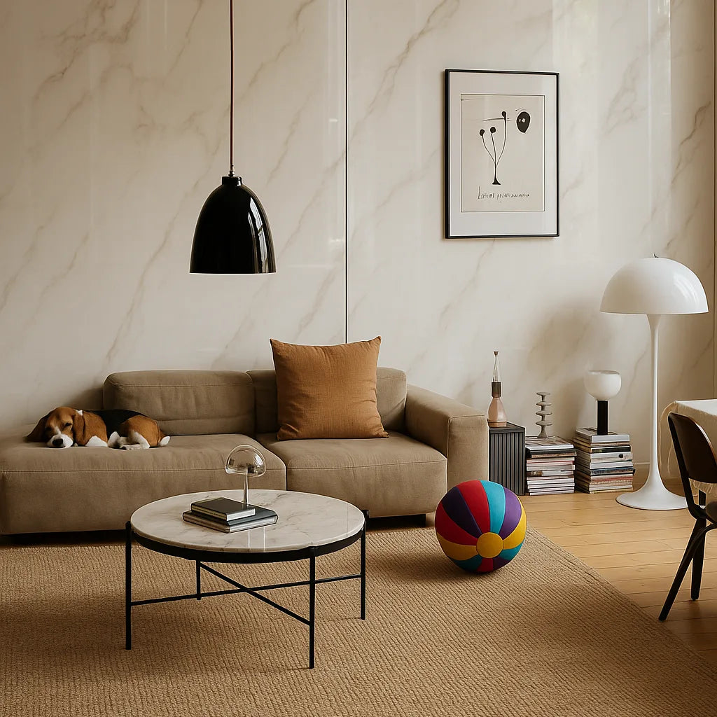 Salón moderno con pared revestida en Panel WPC Alto Brillo efecto Mármol Calacatta Blanco, sofá beige con cojín mostaza, perro beagle dormido, mesa de centro redonda con tablero de mármol y decoración contemporánea.