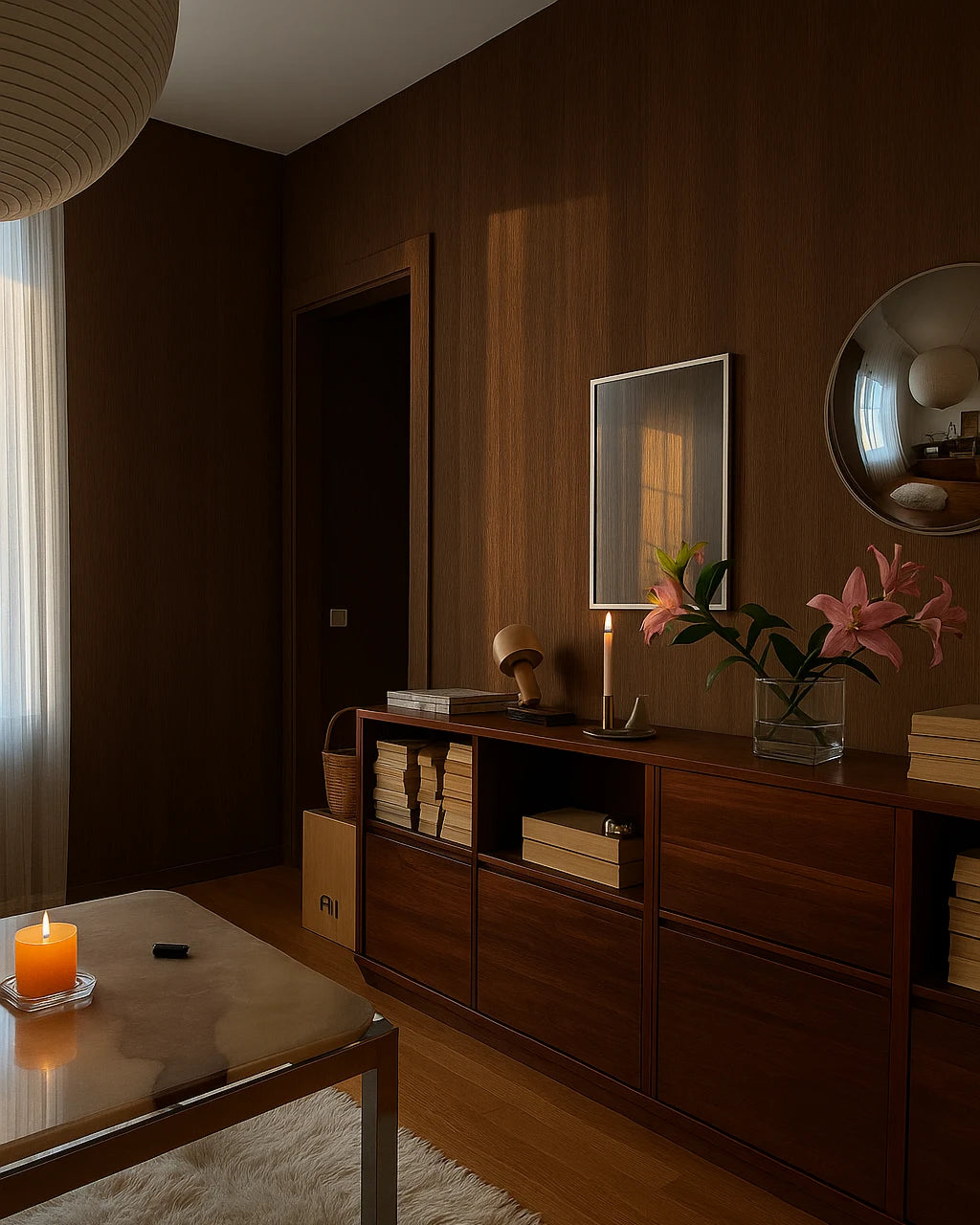 Sala acogedora con revestimiento de pared WPC en color Roble Nocturno, decorada con velas, flores frescas y luz ambiental cálida.