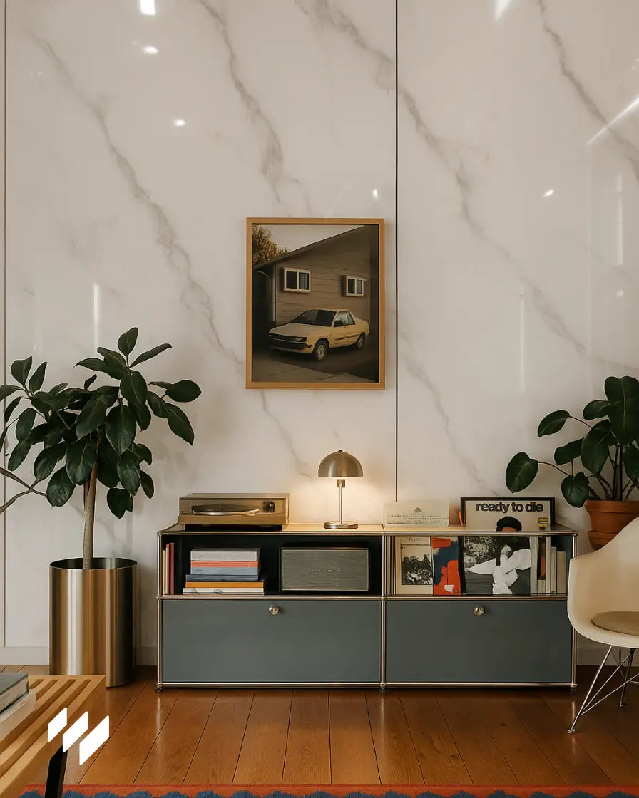 Pared decorativa con paneles WPC Alto Brillo efecto mármol Calacatta Blanco de Revestimientos Pared detrás de un mueble retro con tocadiscos y libros.