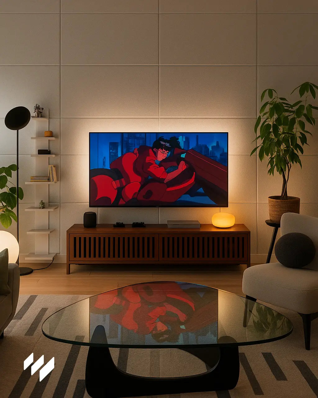 Pared del salón revestida con paneles acústicos autoadhesivos de poliéster blanco, aportando confort acústico y estilo contemporáneo con una iluminación ambiental cálida.